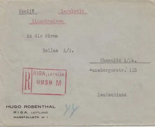 Lettland: 1930: Einschreiben Riga nach Chemnitz