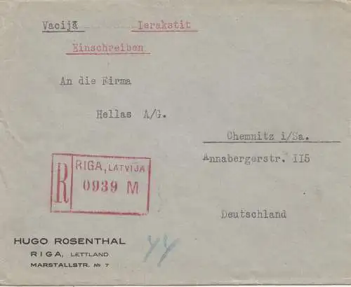 Lettonie: 1930: lettre recommandée Riga vers Chemnitz