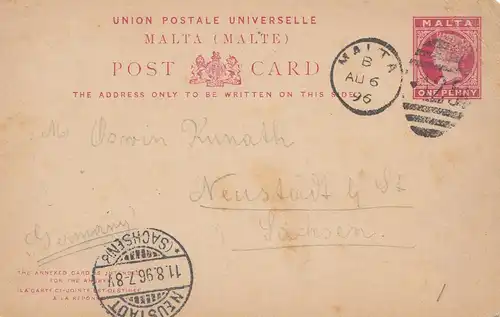 Malta: 1896: Post Card nach Neustadt/Sachsen