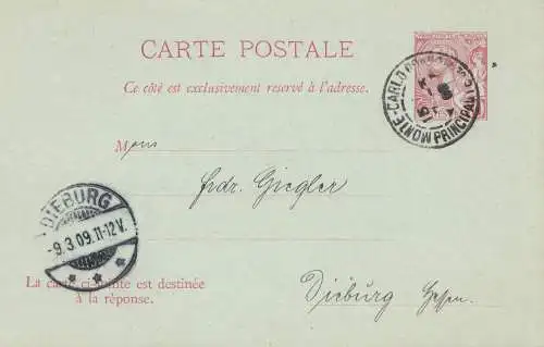 Monaco: 1909: Ganzsache nach Dieburg, mit Anwortkarte ungebraucht