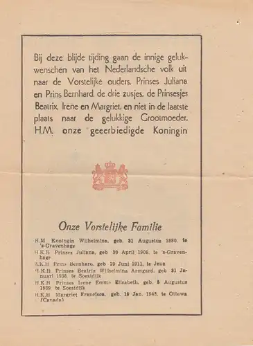 Pays-Bas: 1947: Prinses Marijke Gravengager per vliegmachine uitgewoppen