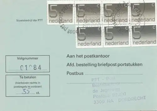 Niederlande: 1982: bestelling briefpost portstukken - Postbus PTT Dordrecht