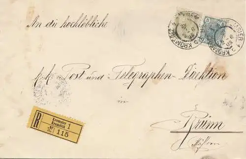 Autriche: 1905: lettre recommandée Kremsier vers Brno; Telegraphen Direction