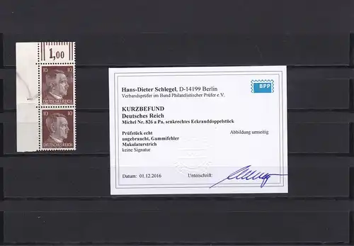 Reich allemand: MiNr. 826 a Pa, Eckrand, senk. couple, BPP résultats