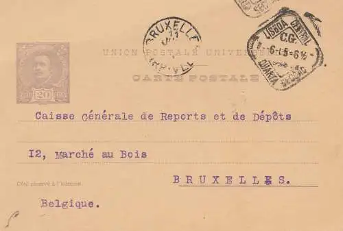 Portugal: 1905: Ganzsache von Lisboa nach Brüssel