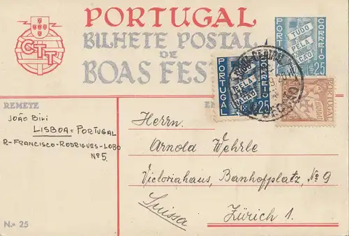 Portugal: 1939: Ansichtskarte Lisboa nach Zürich