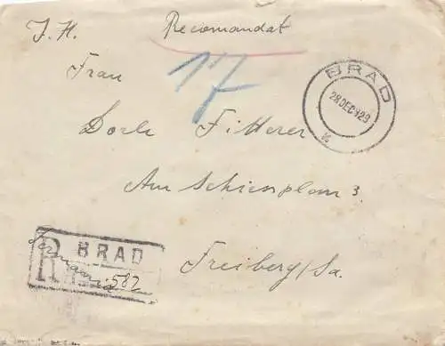 Roumanie: 1929: lettre recommandée de Brad à Fribourg