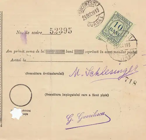 Roumanie: 1913: Braila après Bucaresti Mandat Postal