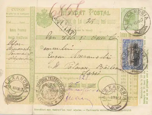 Rumänien: 1907: Mandat Postal Alexandria nach Lassy