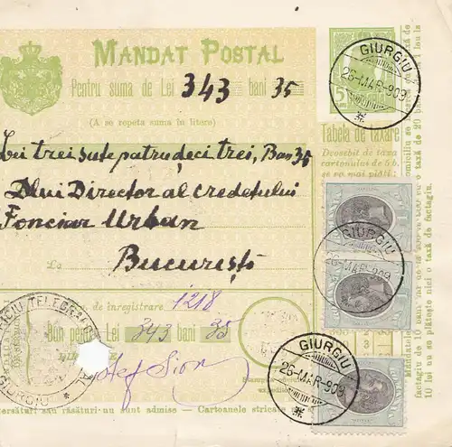 Rumänien: 1909: Mandat Postal Giurgiu nach Bucaresti