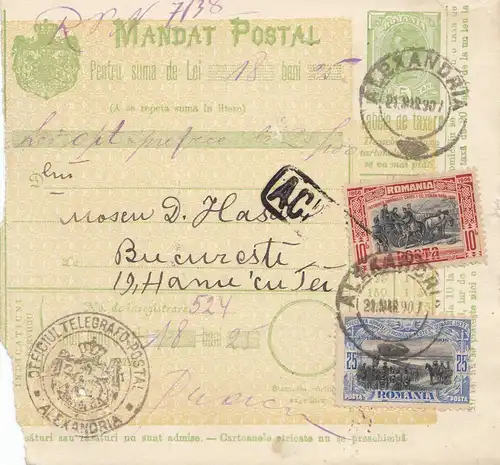 Rumänien: Mandat Postal 21.03.1907 Alexandria nach Bucaresti