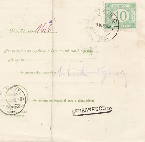 Rumänien: 1907: Mandat Postal Alexandria nach Ploesti