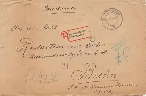 Roumanie: 1922: Suggestion d'une lettre recommandée AFFAIRE BISTRITA SUR LE Bahnpost, à Berlin