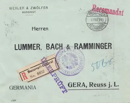 Rumänien: 1915: Einschreiben Bucaresti nach Gera- Überprüft