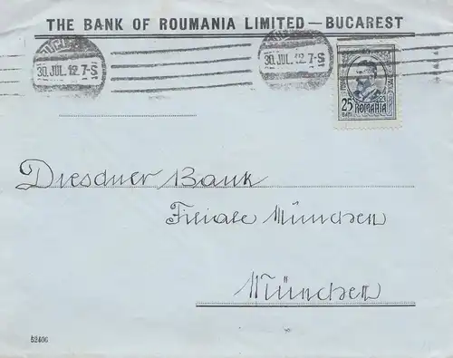 Rumänien: 1912: Bucarest nach München, Dresdner Bank, Perfin