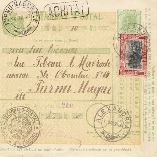 Rumänien: 1907: Mandat Postal Alexandria nach Turnu Magur