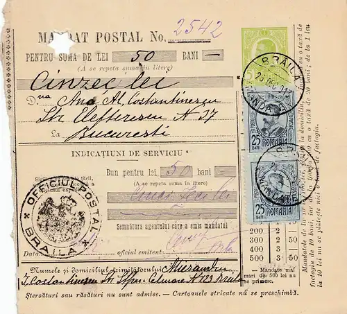 Roumanie: Mandat Postal Braila 1913 après Bucuresti