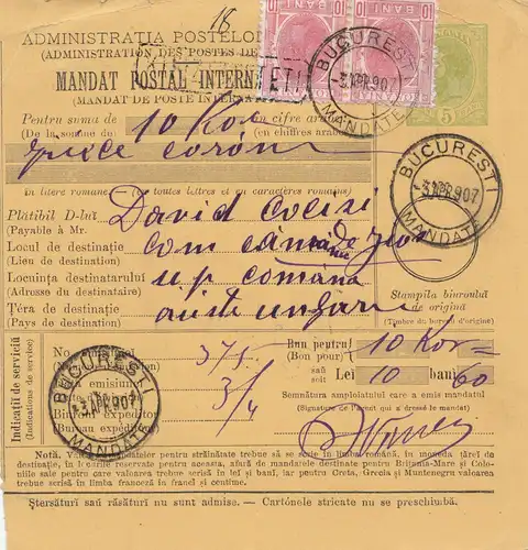 Rumänien: 1907: Mandat Postal International: Bucuresti nach Ungarn