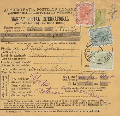 Rumänien: 1907: Mandat Postal International: Butosani nach Zürich