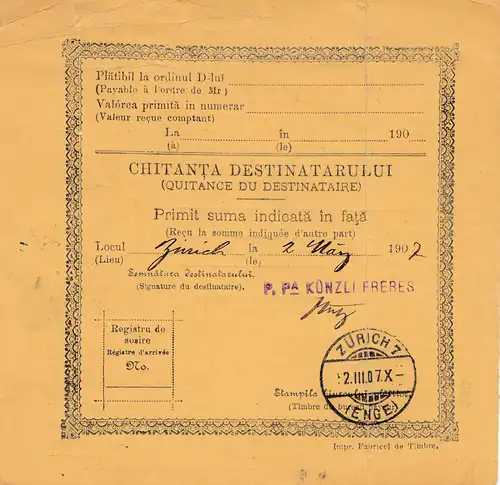 Rumänien: 1907: Mandat Postal International: Butosani nach Zürich