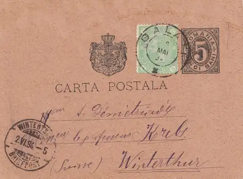 Rumänien: 1894: Ganzsache Galati nach Winterthur