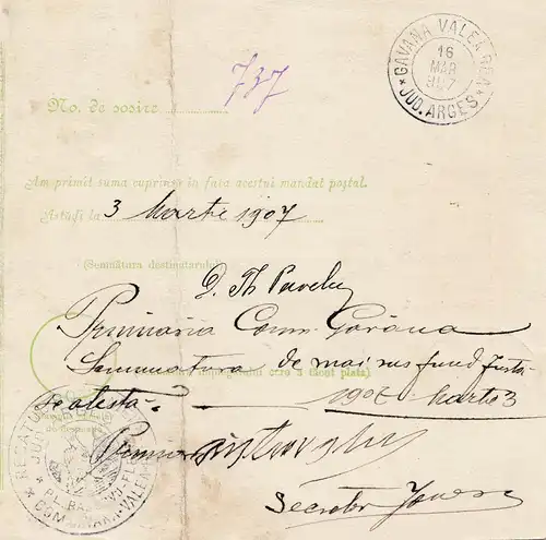 Roumanie: 1907: Mandat Postal Alexandrie