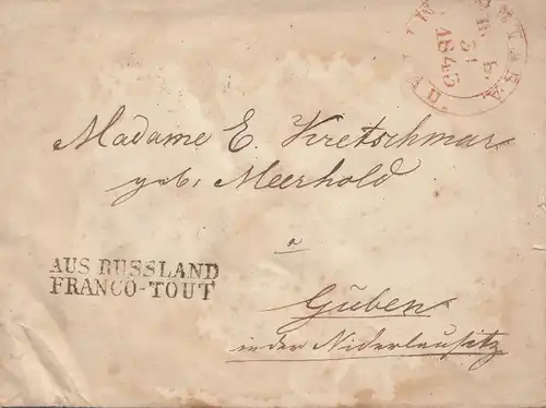 Russie: 1843: Lettre de Russie Branco Tout à Guben sur Tilsit