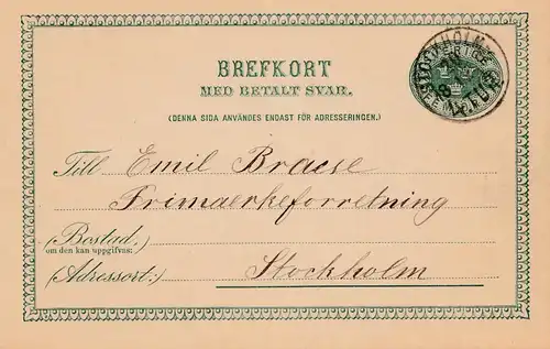 Schweden: 1898: Ganzsache innerhalb von Stockholm, mit Antwortkarte