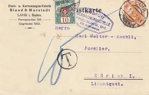 Schweiz: 1916: Postkarte Lahr nach Zürich, Nachtaxe, Überwachungsstelle Freiburg