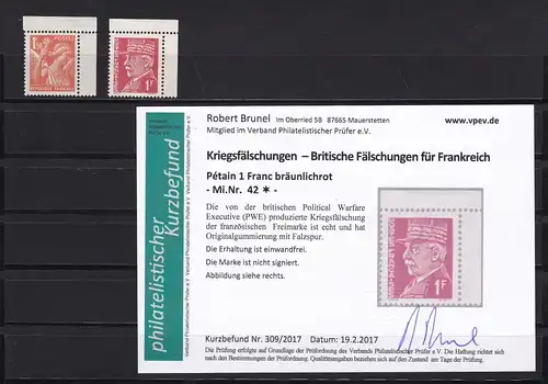 Kriegsfälschung: Britische Fälschung für Frankreich;MiNr.  38, 42, *