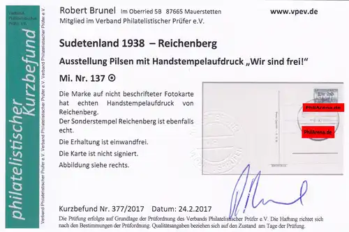 Sudetenland: Reichenberg MiNr. 137, gestempelt auf Karte