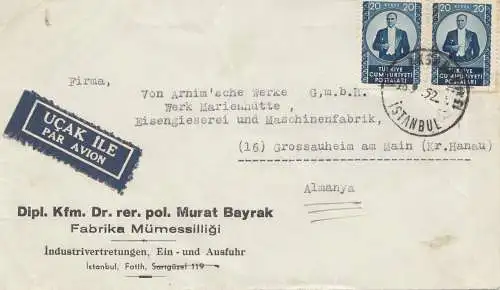 Türkei: 1952: Luftpost Istanbul nach Grossauheim