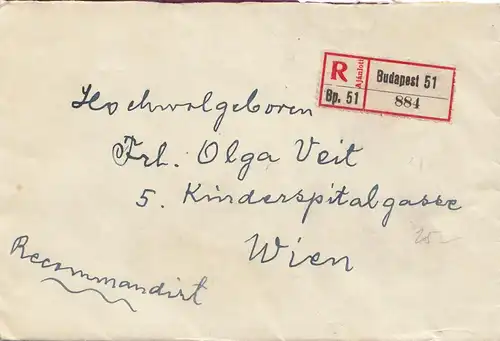 Hongrie: 1925: Lettre recommandé Budapest à Vienne