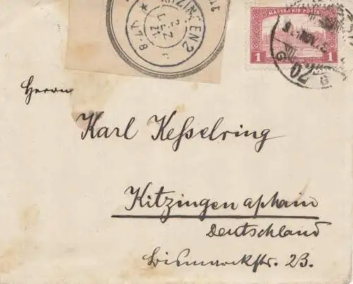 Hongrie: 1921: Lettre de Kitzingen, Bureau de poste Ouverture