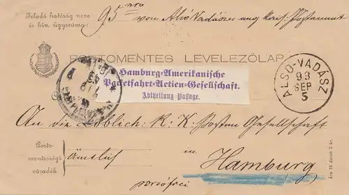 Hongrie: 1893: Hamburg-Américain Packetfahrt AG Also-Vadasz vers Hambourg