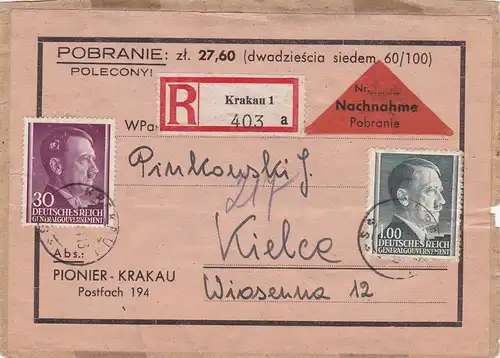 GG: Nachnahme und Einschreiben Krakau 1 auf Briefausschnitt nach Kielce