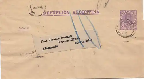 Argentinien:  1891: Ganzsache Streifband nach Karlsruhe, Nachgebühr