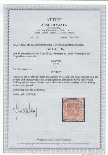 Saxe: Minr. 1b, type II/11, cacheté Leipzig, BPP Attest