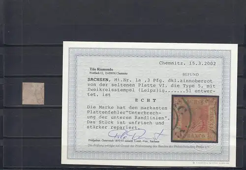 Sachsen: MiNr. 1a, Platte VI, Type 5, gestempelt Leipzig, BPP Attest