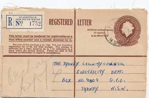 Australia 1955: Registered letter, Gladsville to Sydney