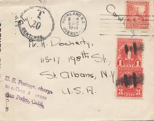 Australia 1943 Auckland to USA: US Postage charge - San Pedro California- Tax