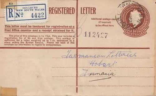 Australia: 1954: Registered letter, Goulburn to Tasmania