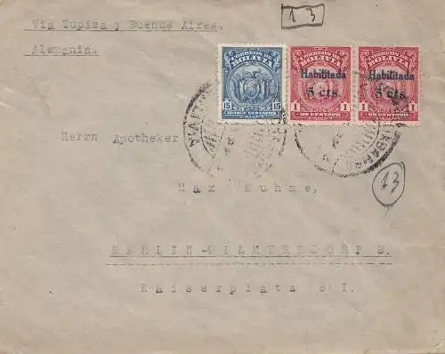 Bolivia/Bolivie: 1926: Registered Cochabamba to Berlin