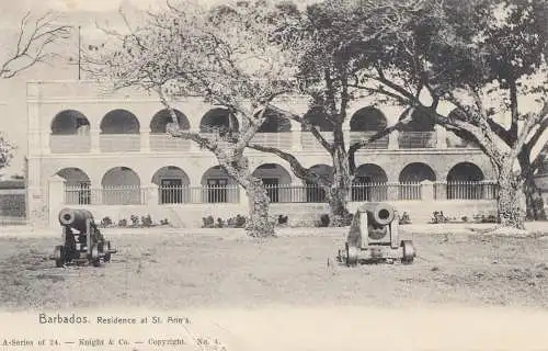 Barbade: Post card Residence with canons 1908 to Freiberg