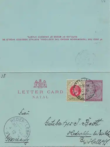 Natal: 1895: letter card to Hedersleben/Halle