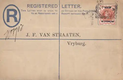 Bechuanaland: registered letter 1895 to Vryburg