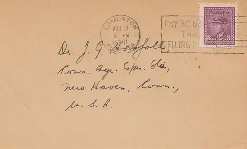 Canada: 1945: Edmonton - inverse cancel date - to New Haven, stamp Perfin