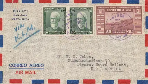 Costa Rica: 1949 air mail San Jose to Diemen/NL - via KLM