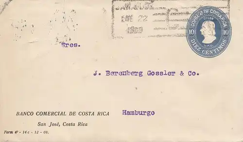 Costa Rica: 1909: San Jose Banco Comercial to Hamburg