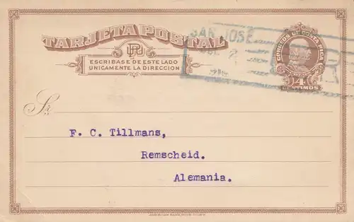 Costa Rica: 1910 post card San Jose to Remscheid